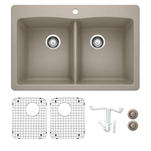 Diamond 33 in. Drop-in/Undermount Double Bowl Truffle Granite Composite Kitchen Sink Kit with Accessories
