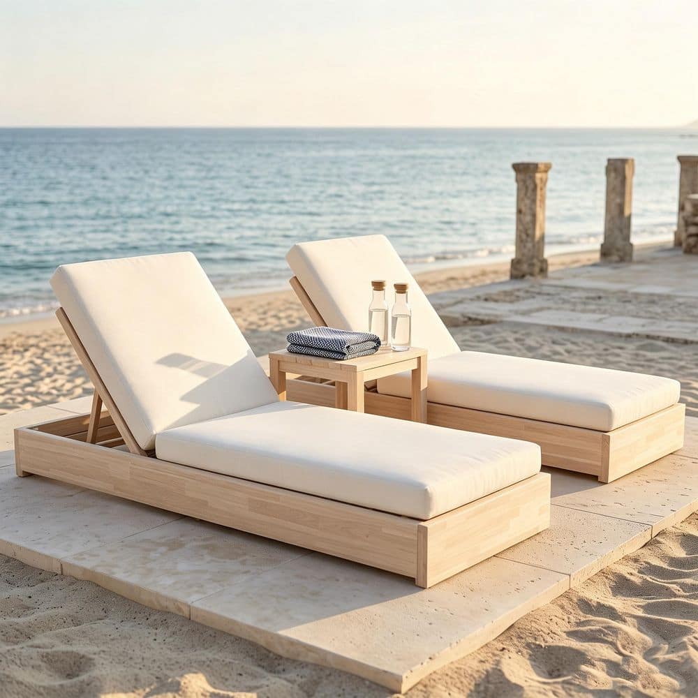 Sand Finish Acacia Wood Outdoor Patio Chaise Lounge with Cream Cushions (Set of 2)