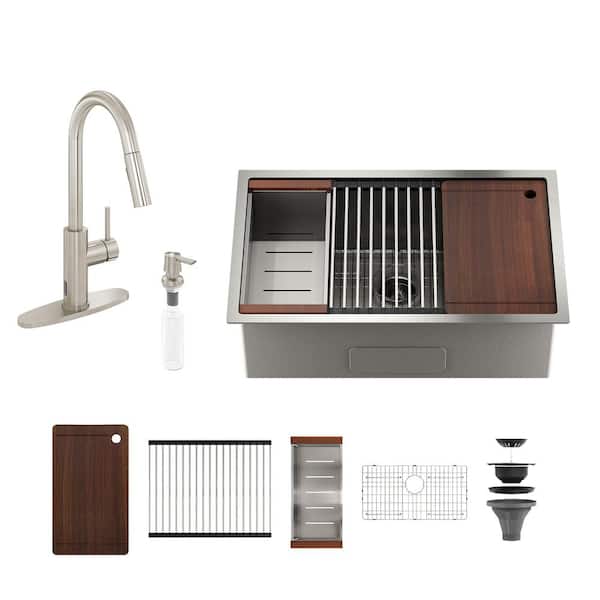 32 in. Undermount Single Bowl Nano Brushed Stainless Steel Workstation Kitchen Sink with Kitchen Faucet and Accessories