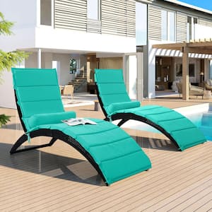Foldable Wicker Outdoor Lounge Chair with Removable Turquoise Cushion (2-Pack)