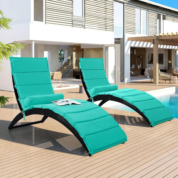 SUNRINX Foldable Wicker Outdoor Lounge Chair with Removable Turquoise Cushion (2-Pack)