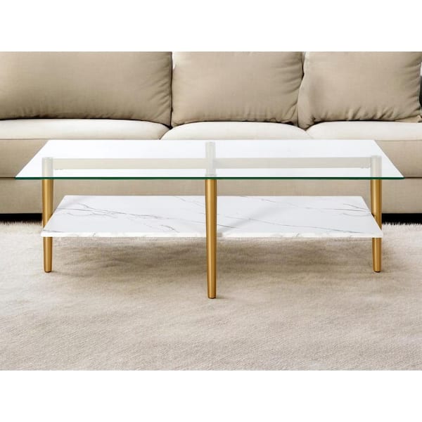 HomeRoots 47 in. Gold Rectangle Glass Coffee Table with Shelves Storage