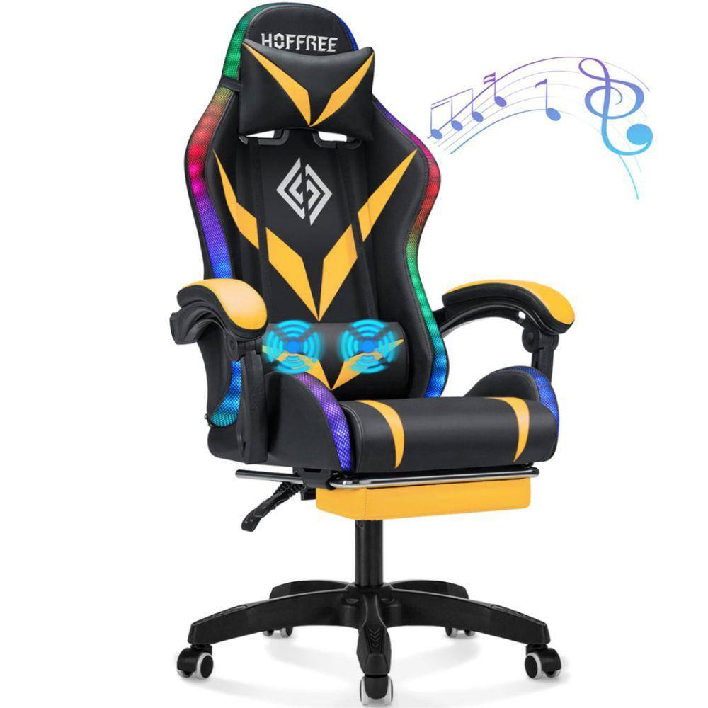 Faxu Leather Bluetooth Speakers Massage LED Reclining Ergonomic Gaming Chair in Yellow with Footrest