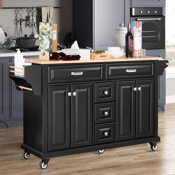 Staykiwi Black MDF Kitchen Cart with 4 Door Cabinet, Spice Rack and Towel Rack