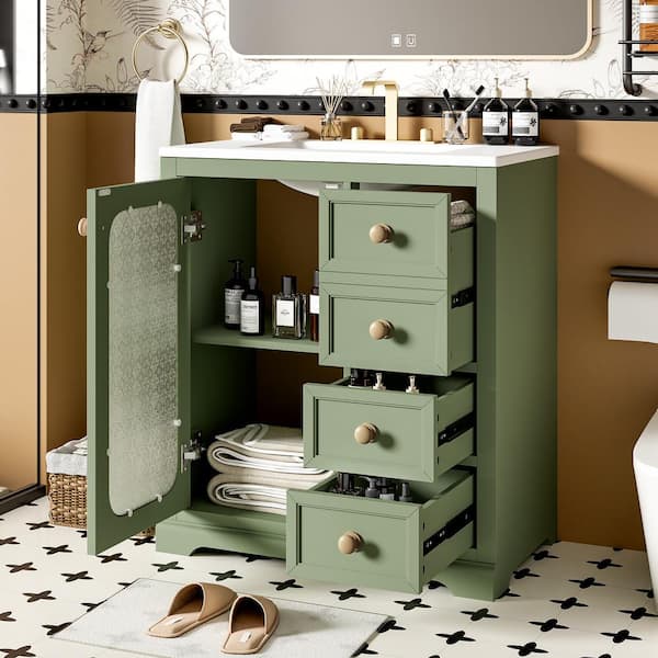 Magic Home 30 in. Freestanding Storage Green Bathroom Vanity with White Ceramic Top, Glass Door, Adjustable Shelves, 3-Drawers