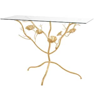 43 in. Gold Extra Large Rectangle Metal Branch Floral Console Table with Glass Top