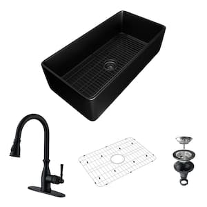 36 in. Farmhouse/Apron-Front Single Bowl Fireclay Kitchen Sink with Matte Black Faucet, Bottom Grid and Strainer Basket