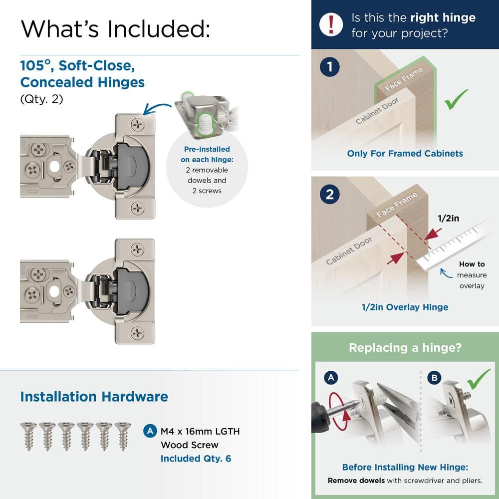 Nickel 1/2 inch Overlay Soft-Close Concealed Cabinet Hinge Pair