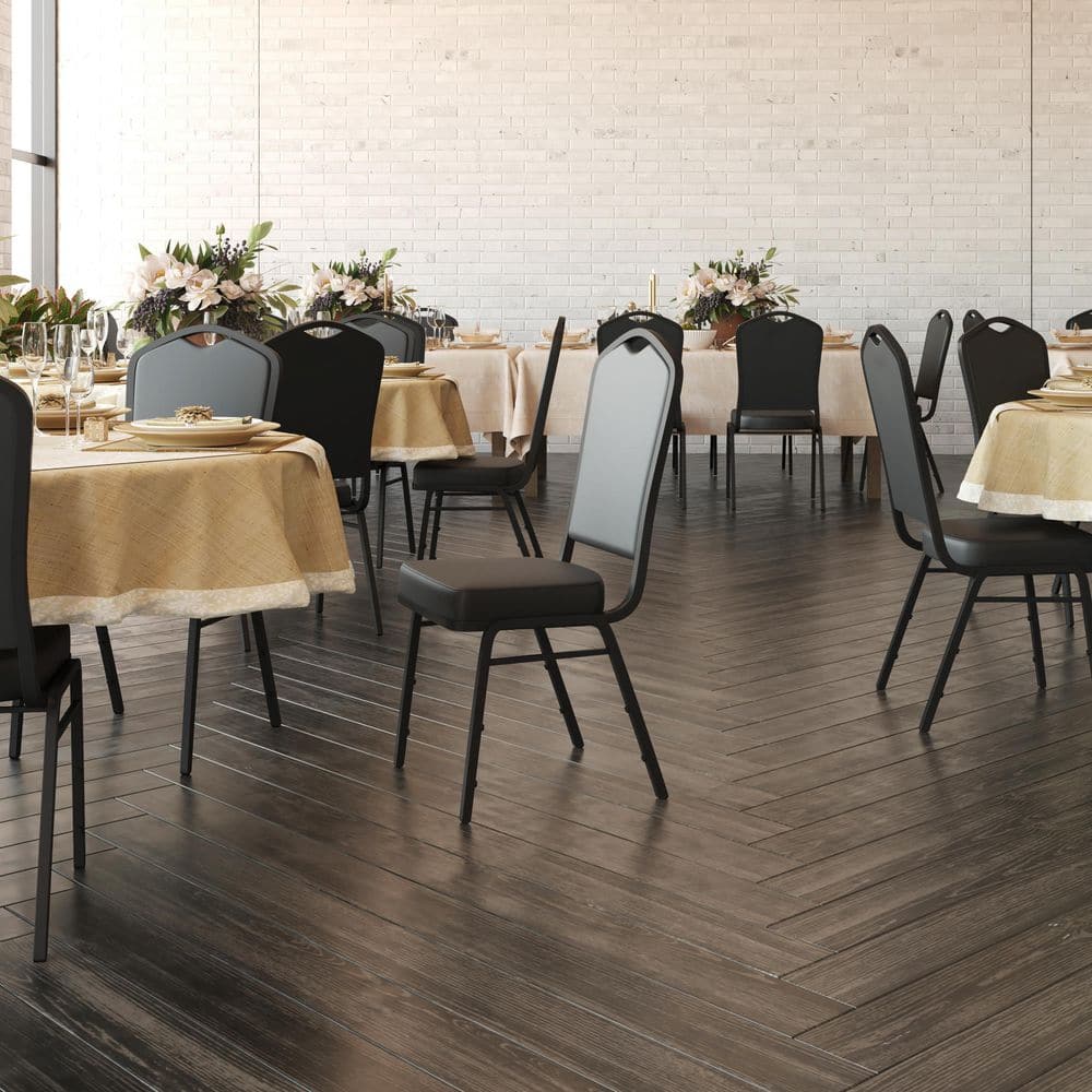 Black Vinyl Stacking Banquet Chair, Silver Frame