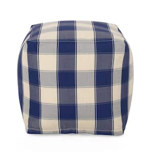 Konnor Ivory and Navy Blue Pattern Fabric Cube Pouf