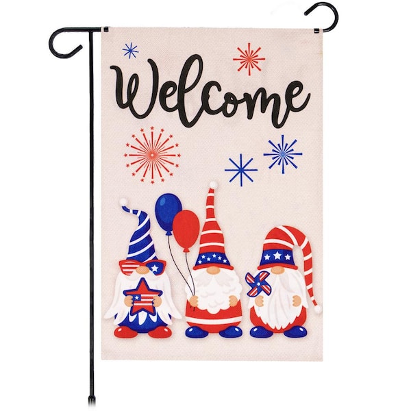 G128 1 ft. x 1.5 ft. Polyester Welcome 3 Gnomes Celebrating July 4th 2-Sided Garden Flag Printed Blockout