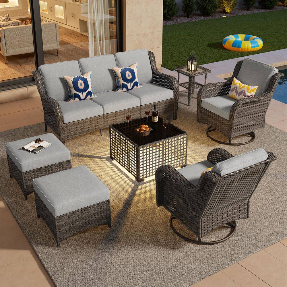 Garnet 7-Piece Wicker Outdoor Patio Conversation Sofa Set with Swivel Chairs, Solar LED Table and Light Gray Cushions price history on PriceWatchPro