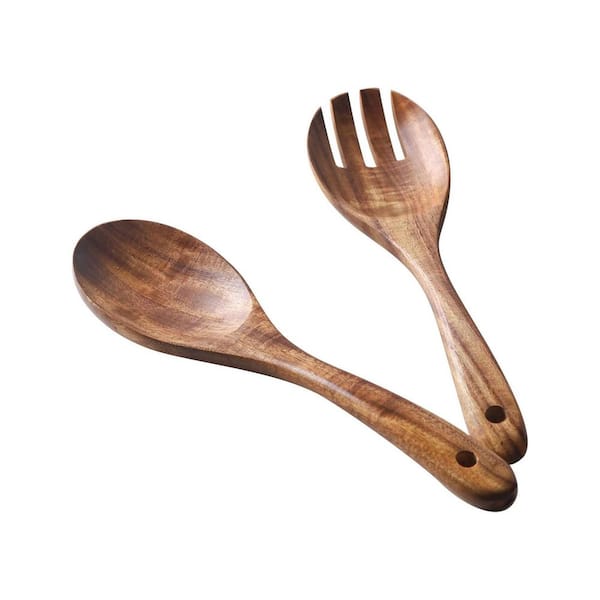 Acacia Finish Salad Server Set of 2 10 in. Hand Polished Natural Wood Easy Grip Ideal for Mixing Serving