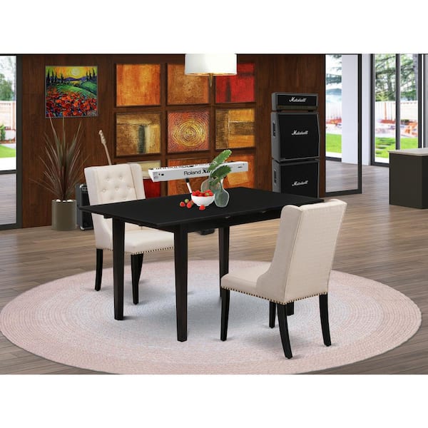 East West Furniture 3-Piece Black Finish Rectangular Solid Wood Top with Butterfly Leaf Dining Table Set