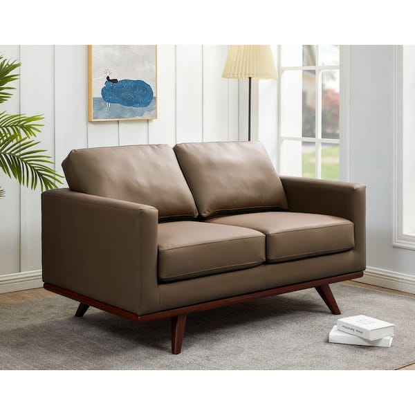 Chester 58 in. Wide Leather Loveseat Sofa with Removable Cushions Two-Seater Chair with Birch Wood Legs in Taupe