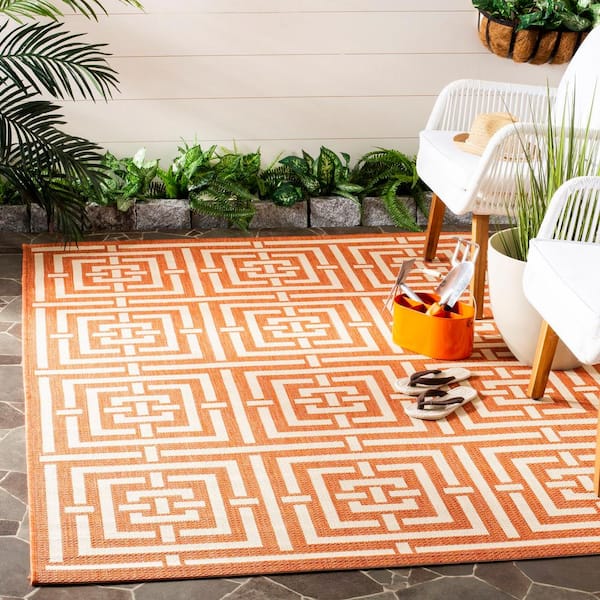 Courtyard Terracotta/Cream 9 ft. x 12 ft. Geometric Indoor/Outdoor Patio  Area Rug