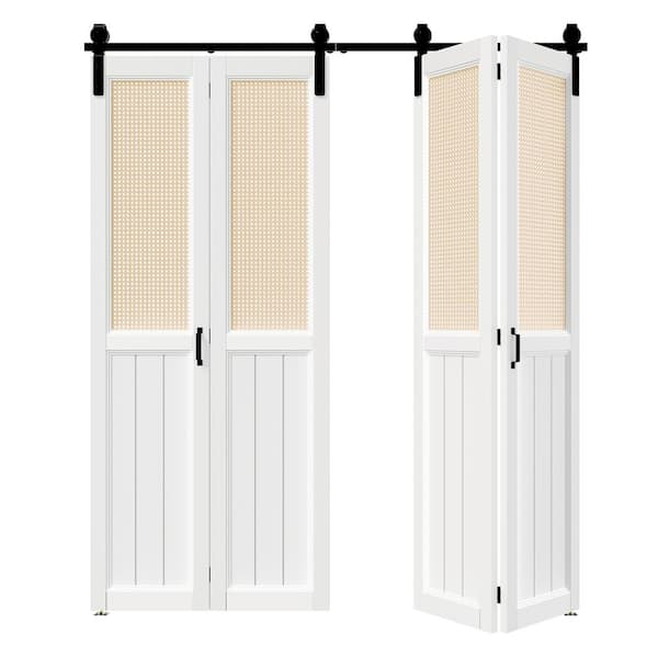 TENONER 72 in. x 84 in. (36 in. W Doors x 2) White, Webbing & Wood, MDF, Bi-Fold Style Sliding Barn Door with Hardware Kit
