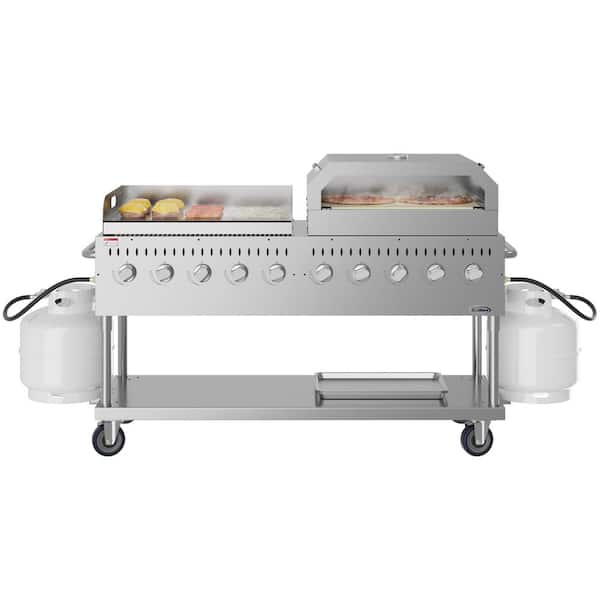 Portable Commercial Outdoor Propane Grill 72 in. with 36 in. Griddle and 36 in. Pizza Oven in Stainless Steel