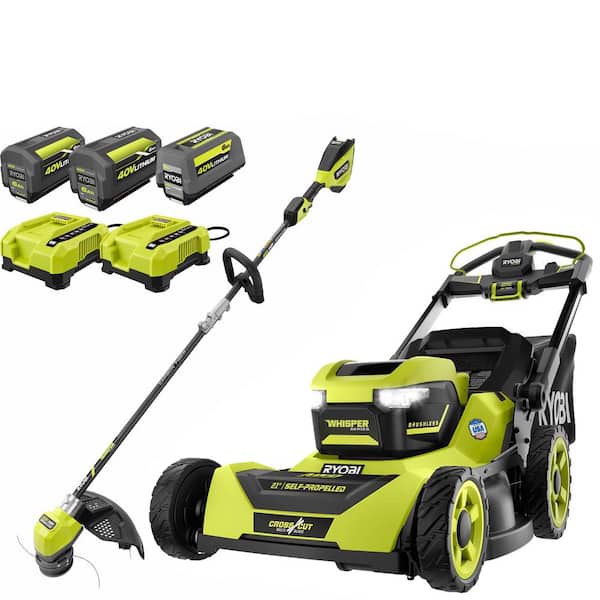 RYOBI - 40V HP Brushless Whisper Series 21" Walk Behind Self-Propelled All Wheel Drive Lawn Mower - Trimmer 3 Batteries Chargers