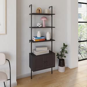 Tulare 72.05 in. Tall Mid Century Industrial 4-Shelf Wood Wall-Mounted Open Ladder Bookcase Cabinet, Metal Frame Black