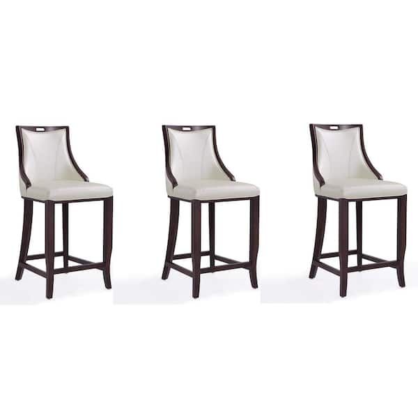 Manhattan Comfort Emperor 27 in. Pearl White and Walnut Beech Wood Bar Stool with Faux Leather Upholstered Seat (Set of 3)