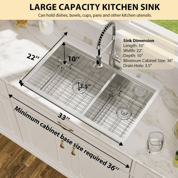 Logmey 33 in. Drop-In Workstation Sink Double Bowl 60/40 16-Gauge