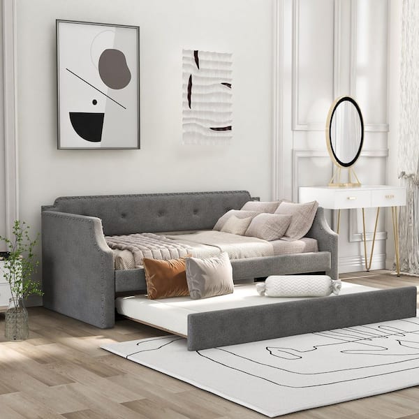Gray Upholstered Twin Daybed with Trundle