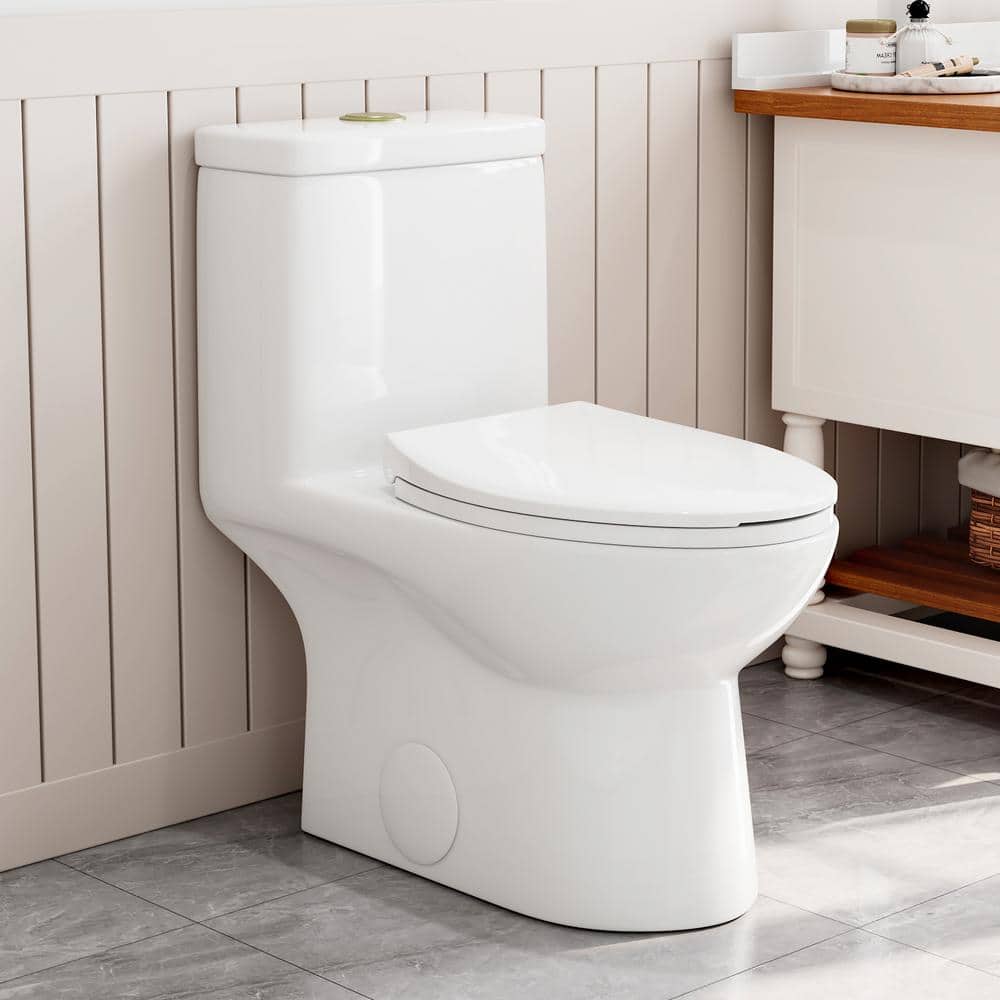 HOROW One-Piece 0.8/1.28 GPF Dual Flush Elongated Toilet in White, Seat  Included and Brushed Gold Button HR-0037G - The Home Depot