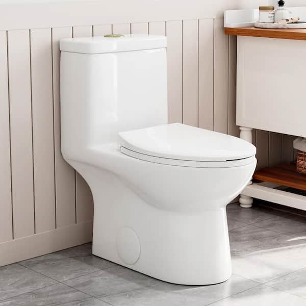 HOROW One-Piece 0.8/1.28 GPF Dual Flush Elongated Toilet in White, Seat Included and Brushed Gold Button