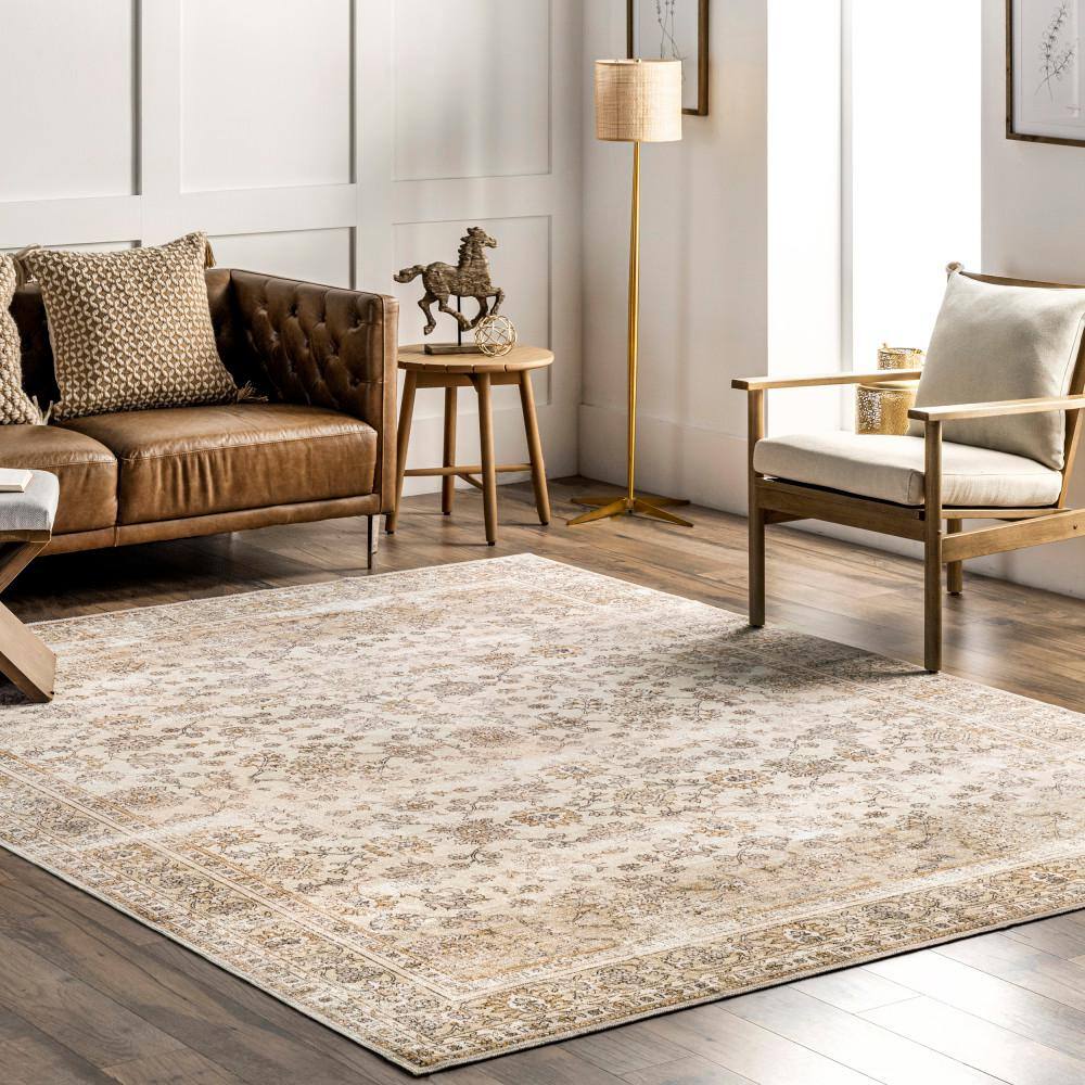 Deadra Beige Vintage Floral Machine Washable Area Rug