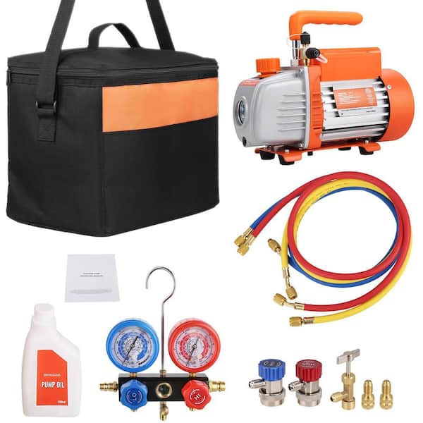 SKYSHALO 1/5 HP 3.5 CFM AC Vacuum Pump and Gauge Set, Single Stage Rotary Vane HVAC Air Vacuum Pump A/C Refrigerant Kit