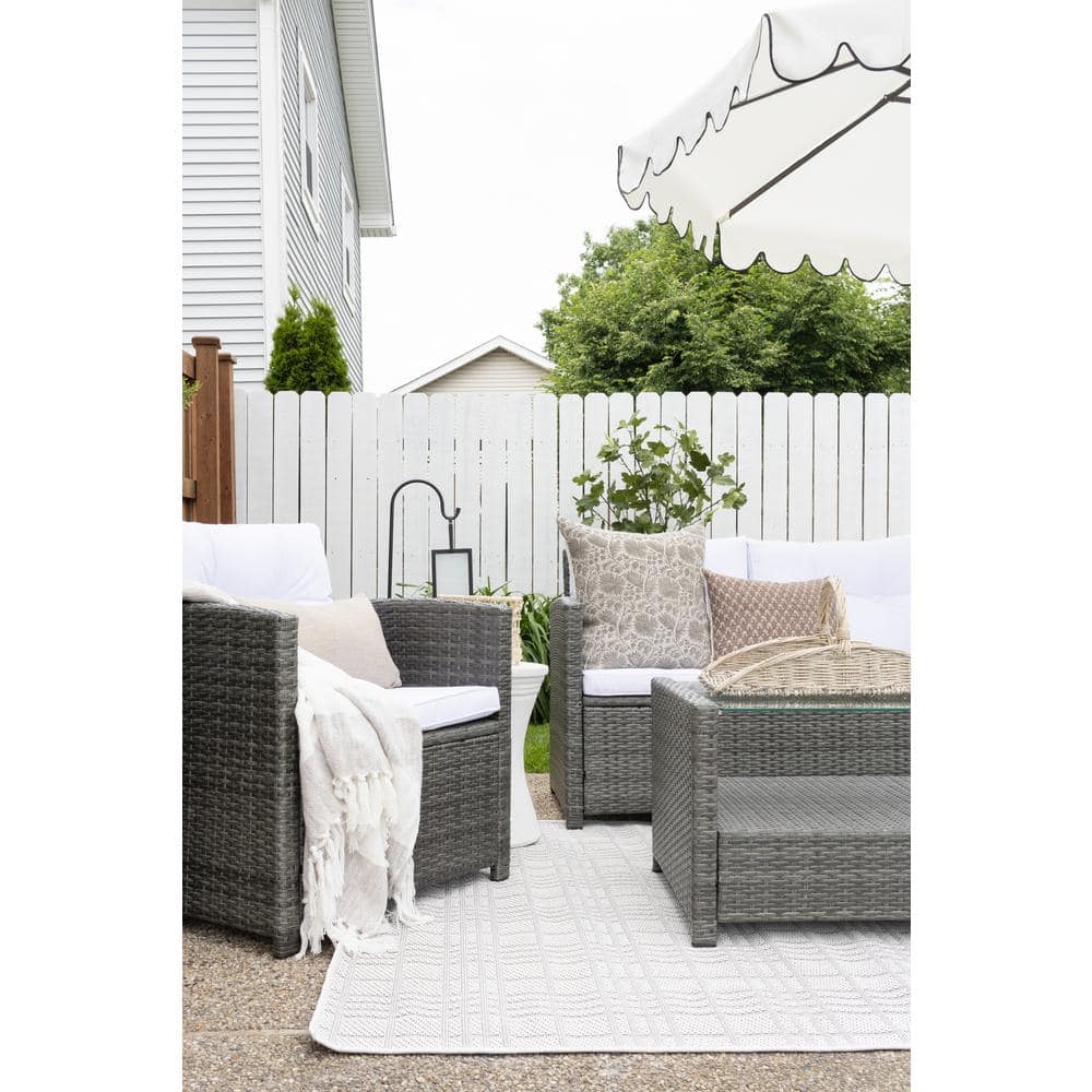Ivory and Light Grey Square Synthetic Flat Woven Rug