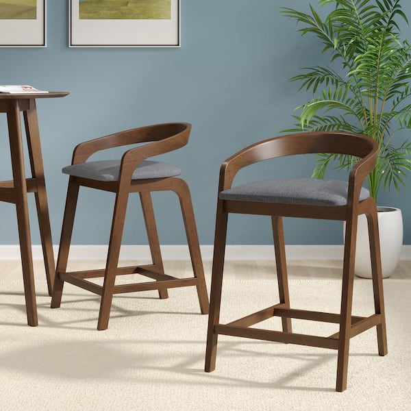 CHRISTOPHER KNIGHT HOME Marquina 25.25" Counter Stools with Dark Grey Cushions, Rubberwood, Natural Walnut, Set of 2