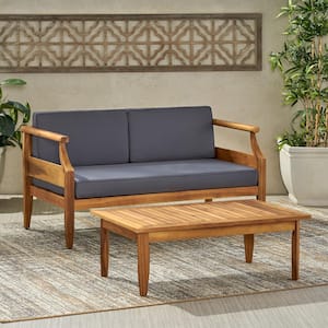 Wooden Outdoor Two Loveseat Set with Coffee Table - Teak Finish with Dark Grey Cushions