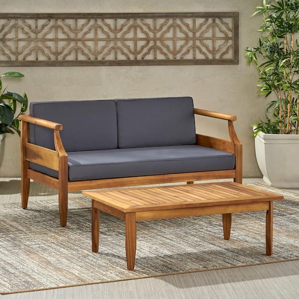 Wooden Outdoor Two Loveseat Set with Coffee Table - Teak Finish with Dark Grey Cushions