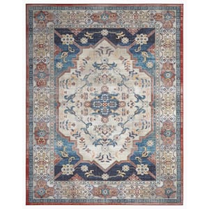 Eden Collection Ocean Medallion Navy 5 ft. x 7 ft. Machine Washable Traditional Indoor Area Rug
