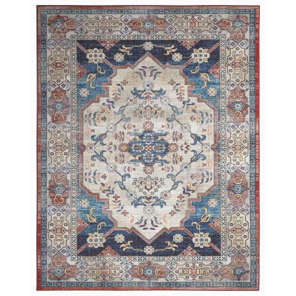 Eden Collection Ocean Medallion Navy 6 ft. x 9 ft. Machine Washable Traditional Indoor Area Rug