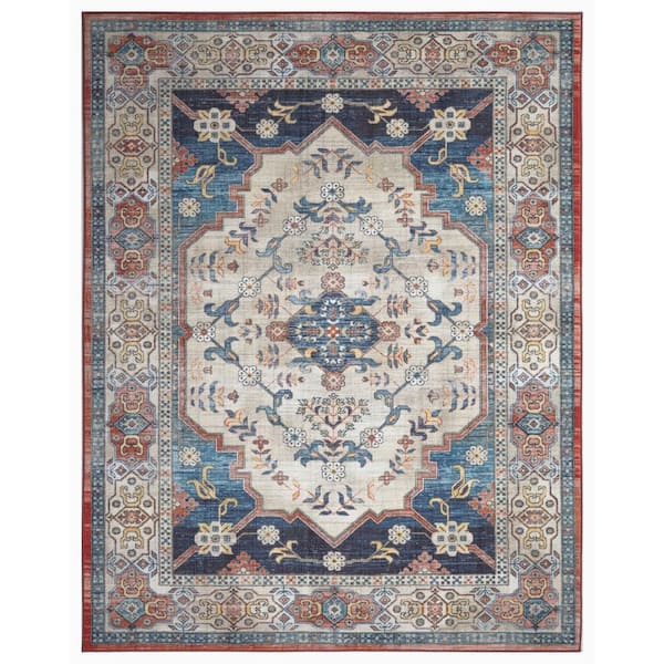 Concord Global Trading Eden Collection Ocean Medallion Navy 8 ft. x 10 ft. Machine Washable Traditional Indoor Area Rug