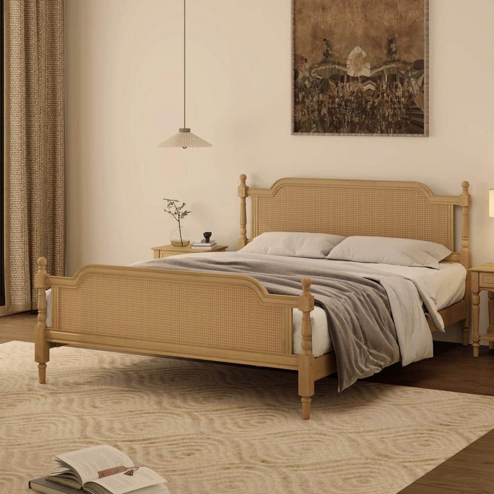 Exquisite Rattan Style Antique Walnut(Yellow) Wood Frame Queen Size Platform Bed, No Box Spring Needed price history on PriceWatchPro