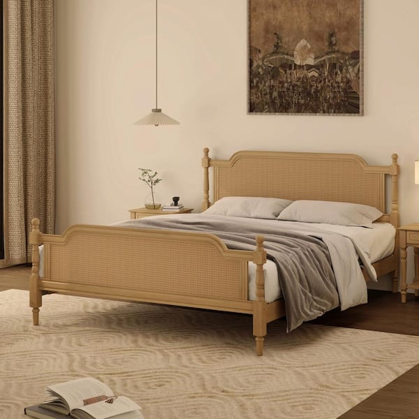Harper & Bright Designs Exquisite Rattan Style Antique Walnut(Yellow) Wood Frame Queen Size Platform Bed, No Box Spring Needed