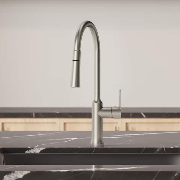 Modern 18.5in. H 1-Handle 2-Spray Pull Down Kitchen Faucet 8.5in. Spout Reach 360° Spout Swivel Faucet in Brushed Nickel