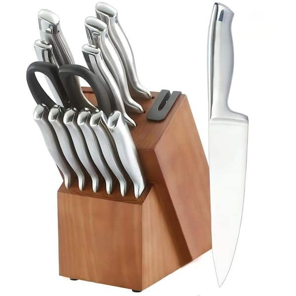 14-Piece Stainless Steel Knife Block Set with Block, Chef Kitchen Knives with Built-in Sharpener, Brown
