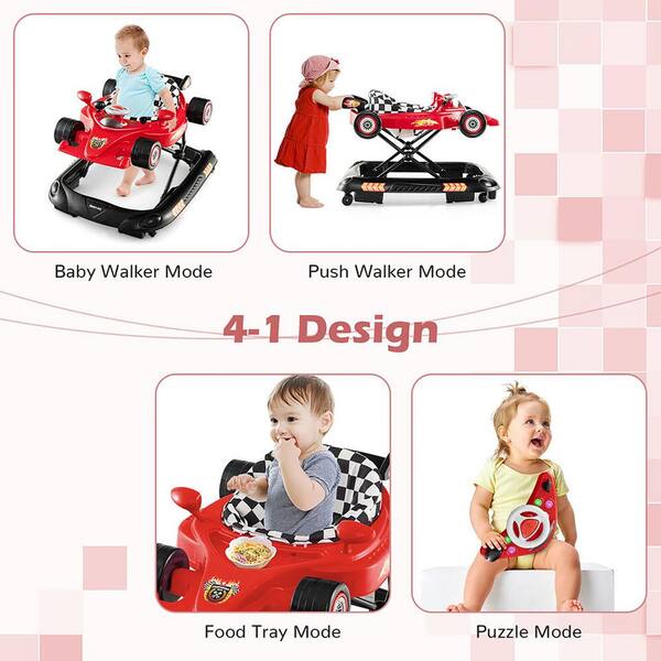 Gymax 4 in 1 Foldable Baby Walker with 3 Level Adjustable Height Detachable Music Tray Red GYM13079 The Home Depot