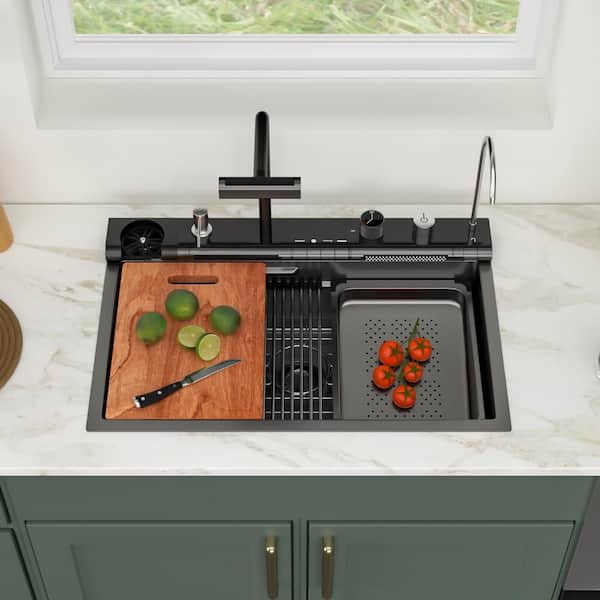 30 in. Drop-In Single Bowl 16-Gauge Gunmetal Black Stainless Steel Workstation Kitchen Sink with Pull-Out Faucet