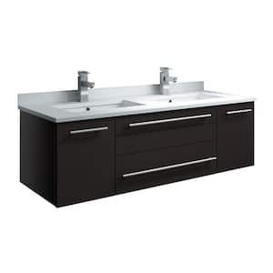 Lucera 48 in. W Wall Hung Bath Vanity in Espresso with Quartz Stone Double Sink Vanity Top in White with White Basins