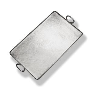 30.75 in. Contemporary Silver Stainless Steel Hammered Platter with Handles