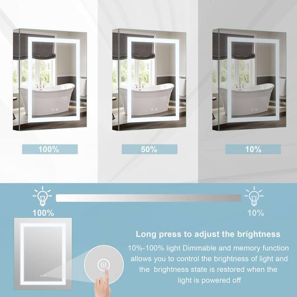 FORCLOVER 24 in. W x 30 in. H Rectangular Silver Aluminum Recessed/Surface Mount Medicine Cabinet with Mirror and Dimmable