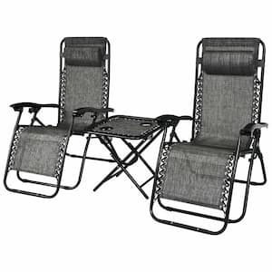 3-Piece Steel Quick-Dry Fabric Foldable Zero Gravity Reclining Outdoor Lounge Chair Table Set in Gray