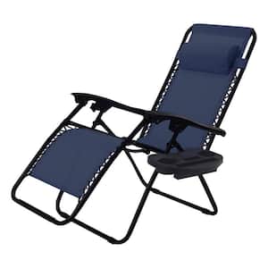 Navy Metal Folding and Reclining Zero Gravity Lawn Chair with Tray