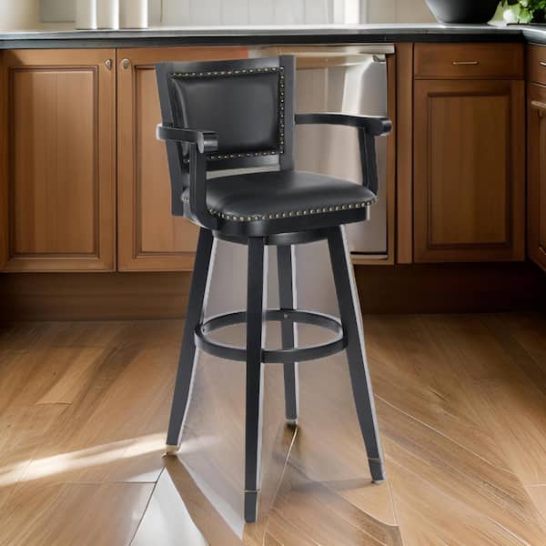 Benjara 36 in. Black and Brass Low Back Wood Frame Bar Stool with Faux Leather Seat